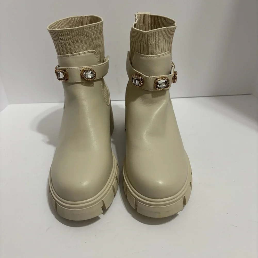 Elegant Cream Ankle Boots with Gemstone Accents